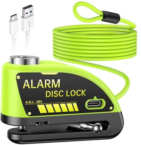 Bremsscheibenschloss Alarm 120db Motorrad Schloss, Wiederaufladbar Motorradschloss Alarmanlage mit 1.8m Erinnerungskabel, 7 mm Diebstahlsicherung Scheibenbremsen Schloss für Motorrad,Fahrrad