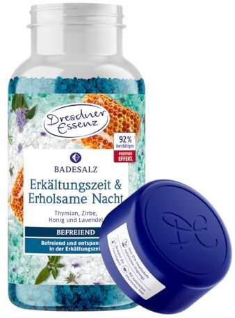 Dresdner Essenz Badesalz Erkältungszeit & Erholsame Nacht 600g-Dose | mit ätherischen Ölen und magnesiumhaltigem Epsom Salz | Badekristalle für die Erkältungszeit (Thymian, Zirbe, Lavendel)