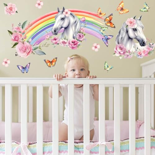 SUPERDANT Regenbogen Wandtattoo Weißes Pferd Wandsticker Und Schmetterlinge Wandaufkleber Selbstklebender Vinyl Wandsticker Für Kinderzimmer Mädchenzimmer Schlafzimmer Kinderzimmer Wohnzimmer