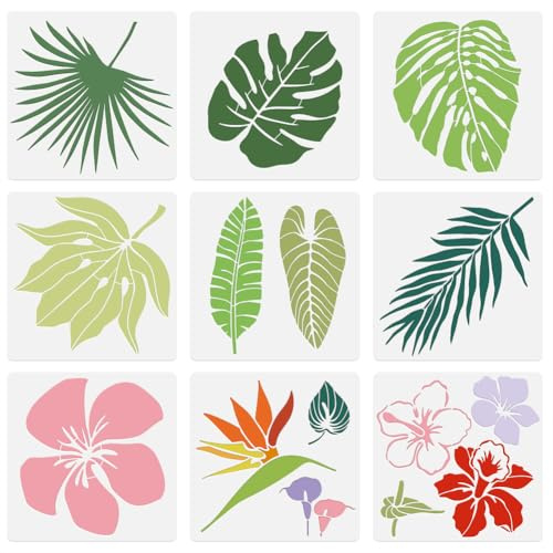 Doodlream 9Pcs Tropical Leaf Flower Stencils, Reusable Painting Templates | 30 x 30 cm Plastic Craft Stencils, Tropical Leaf Wall Stencils, DIY Home Decor Templates for Wood Wall Fabric Furniture