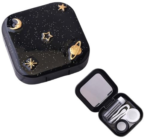 LBJFYHJN Estuche para lentes de contacto, almacenamiento de lentes de contacto con espejo, mini recipiente portátil con diseño de estrellas negras, a prueba de fugas, con tapa L y R para el hogar,