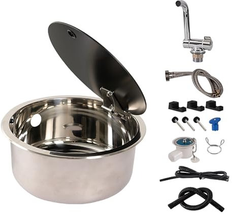 Kit de fregadero compacto para caravana con grifo plegable y tapa, fregadero de cocina de acero inoxidable para caravana, accesorios para cámper (redondo)