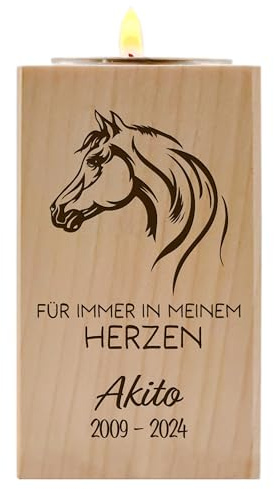 Trauerlicht Pferd Teelichthalter Holz quadratisch 8 cm | personalisiert, graviert, Erinnerungslicht, Andenken Regenbogenbrücke, Abschiedsgeschenk Pferdemotiv