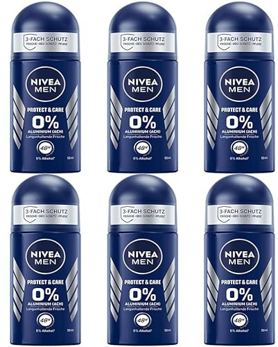 Nivea Men Protect & Care Roll-On Deodoranti antitraspiranti, da uomo, 0% alcol e alluminio (ACH), deodorante roll-on per 48 ore, 50 ml, confezione da 6 pezzi