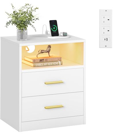 VASAGLE Bedside Table with Charging Station, LED Lights, Modern Side End Table with Drawers, Open Shelf, 2 AC Outlets USB Ports, Matte White CUSTOS Collection LET629WB02