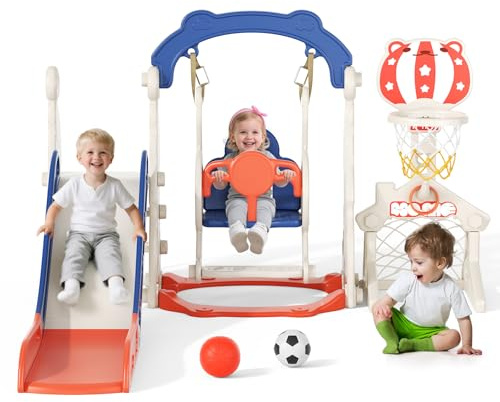 Tobogán infantil, tobogán para niños pequeños con motivo de alce navideño, tobogán para niños pequeños con canasta de baloncesto y juego de anillos, equipo de parque infantil, independiente para