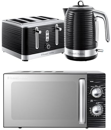 Russell Hobbs Inspire Black Kitchen Set, 1.7L 2400W Kettle, 4 Slice Toaster with Variable Browning Levels & 17L 700W Microwave with 5 Power Levels, Defrost & Reheat Functions INSPBNDL4B
