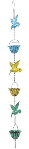 MoSundi Chaîne de pluie de 2,4 m avec colibri et coupelles de fleurs, fontaine décorative pour jardin, décoration extérieure, finition bronze, longueur réglable
