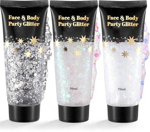 3 Stück Body Glitter Gel 50ml, Festival Glitzer Weiß, Silber, Farbig | Long-Lasting Glitter Sequins Chunky Powder Gel für Festival Gesicht Haare Lippen Nägel Make Up Kosmetik Festival Party