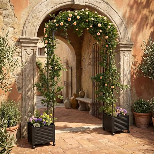 Garvee Arco da Giardino con Fioriera e Ruote, Altezza 2,4m, Traliccio per Piante Rampicanti, Rose e Gelsomino, Pergolato in PP Resistente alle Intemperie, Supporto per Giardino e Balcone, 120 x 40 cm