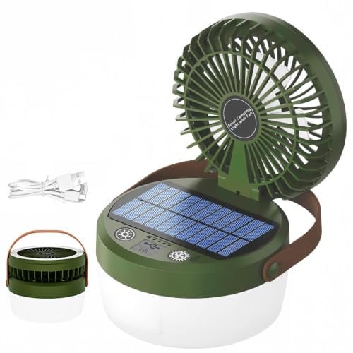 LED Campinglampe Solar mit Ventilator, dimmbar – 4 Leuchtmodi & 3 Windgeschwindigkeiten, wiederaufladbar, tragbar für Camping, Abenteuer, Wandern, Zelt, Angeln & Notfall