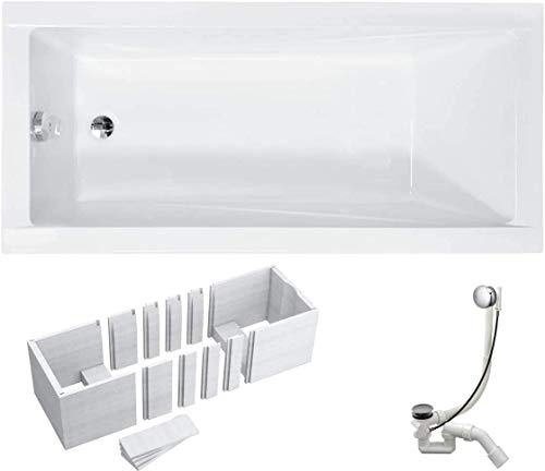 VBChome Badewanne 150x70 cm Acryl SET Wannenträger Siphon Wanne Rechteck Weiß Design Modern Styroporträger Ablaufgarnitur in Chrom Viega Simplex (150x70 cm)