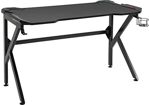 HOMCOM Bureau Gaming Bureau Gamer Bureau Informatique Support Casque Porte-gobelet Passe-câbles Inclus métal MDF Texture Fibre Carbone Noir