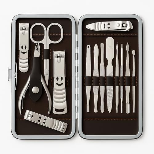 Inge 14 Piece Manicure Set for Men & Women | Stainless Steel Nail Clippers & Pedicure Kit | Professional Nail Care Grooming Set with Leather Travel Case