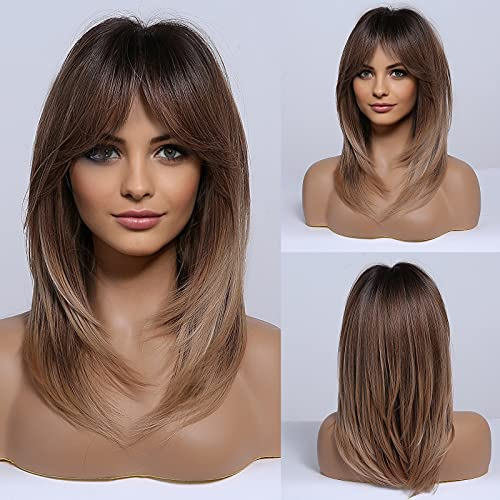 HAIRCUBE Lange Braune Perücken für Frauen, Geschichtete Synthetische Haarperücke mit Pony, Ombre Brown bis Blondine mit Dunklen Wurzeln