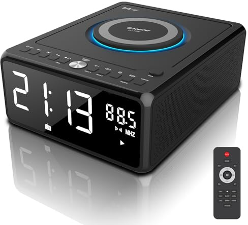 Gelielim Elegante reproductor de CD para el hogar, reloj despertador con carga inalámbrica, boombox Bluetooth con control remoto, radio FM (sin AM)/AUX/USB/temporizador/regulador, reproductor de CD