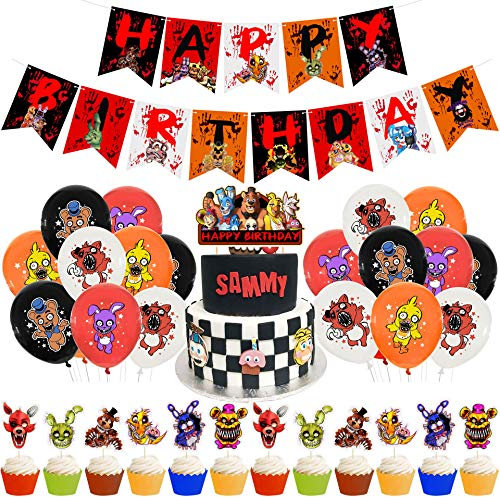 BESTZY 34pcs Fünf Nächte bei Toy Bear Freddy Happy Birthday Supplies,Freddy Kinderpartyzubehör Latexballon Happy Birthday Banner,Tortenaufsatz, Cupcake-Topper,Luftballons für Party-Dekorationen