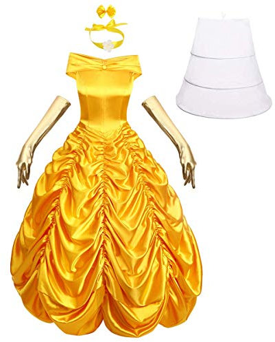 Odizli Belle Kostüm Damen Erwachsene Prinzessin Lange Kleid mit Handschuhe Halloween Weihnachten Karneval Cosplay Party Verkleidung Costume Gelb M