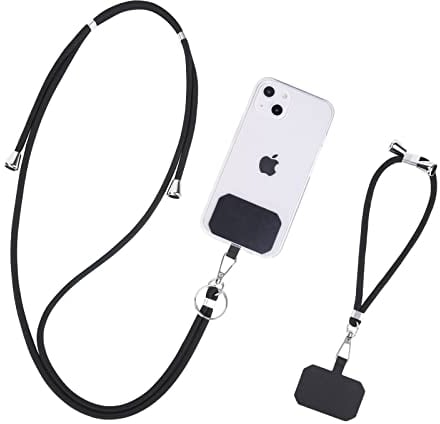 Flintronic 2PCS Cordón Correa para Teléfono Móvil Ajustable,Correa para el Cuello,Correa Cruzada y Muñeca,Compatible la Mayoría de las Fundas de Teléfono,con Llavero y Parche-Negro-Un Largo y Un Corto