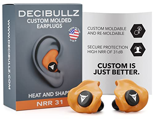 Decibullz - Custom Molded Earplugs, 31dB Highest NRR, Comfortable Hearing Protection for Shooting, Travel, Swimming, Work and Concerts (Orange)