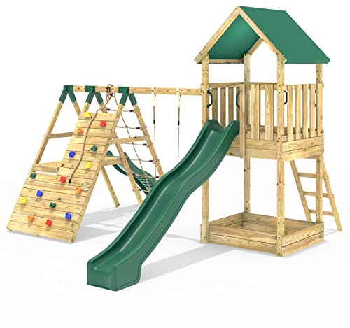 Rebo® Modular Wooden Climbing Frame Adventure Playset - Swing and Up/Over Wall and additional Slide Wychwood | OutdoorToys | Kids' Outdoor Wooden Garden Play Equipment, Children's Jungle Gym