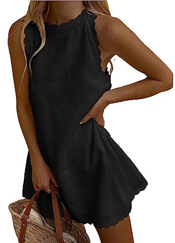 Women Sleeveless Tank Dress Linen Solid Halter Scallop Casual Mini Dress Back Zipper Summer Beach Dress Sundress (A-Black, M)