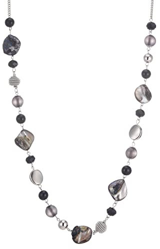 FULU AUTUMN Long Silver Beaded Necklace for Women Chain Necklace with Shell Crystal Pearl Beads Fashion Jewellery Gifts for Girlfriends(Black)