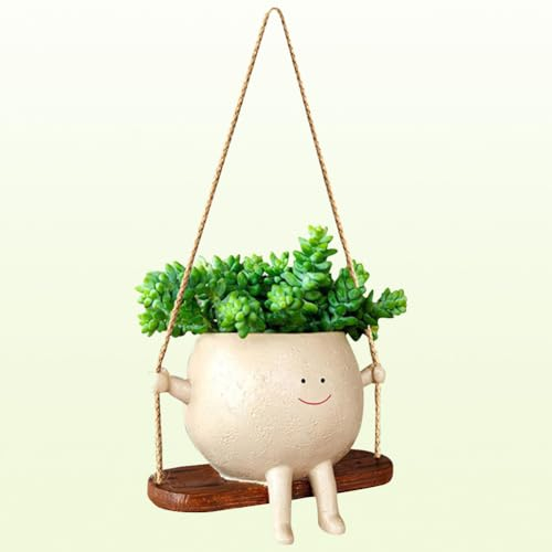 PKKP Pots de fleurs suspendus avec visage à balançoire, cache-pot en résine pour l'extérieur, l'intérieur, joli pot de fleurs avec visage souriant et balançoire pour la maison et le jardin (1 pièce)