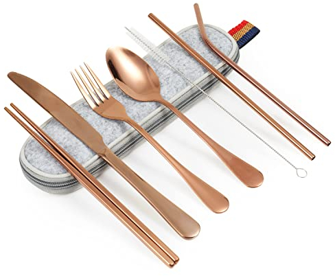 Göffel Reisebesteck, 8 Stück Reise Und Picknick Geschirr 1 Person, Spülmaschinenfest, Inklusive Messer, Gabel, Löffel, Essstäbchen, Reinigungsbürste, Strohhalm Mit Tragetasche, Lichtbeständig (Rosé)