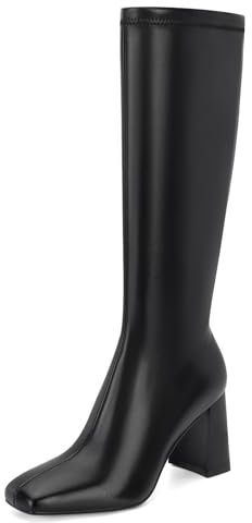 DOEYG Stivali alti al ginocchio in pelle nera da donna con tacco grosso stivali alti punta quadrata tacchi a blocco stivali neri con cerniera laterale, nero, 37.5 EU