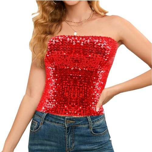 Segreto Damen Glitzer Pailletten Tube Top Sexy Ärmellos Y2K Bandeau Top Meerjungfrauen Trägerlos Lange Crop Top Rot