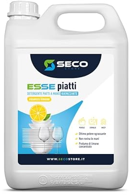 SECOSTORE Detersivo Piatti a Mano Liquido ESSE PIATTI, Igienizzante Concentrato Disincrostante Professionale, Profumato al limone | Tanica 5 litri