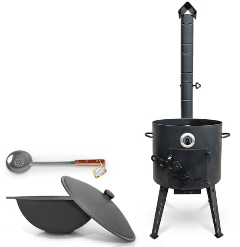 Utschak Uchag Feuerofen Ø 40 cm 2 mm Stahl mit Usbekische Kazan 12 L flacher Boden Thermometer Schaumlöffel für Plov 48 cm Казан Учаг Kasan Asia (Set 2)