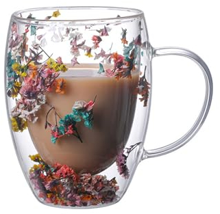 Xfeyaqlo 350ml Bicchieri Caffe Vetro Bicchierini Caffè, Tazzine Caffe Vetro Tazze Fiori Secchi Tazza Vetro Aspetto Gradevole, Tazza Doppio Vetro Tazze Cappuccino (F)