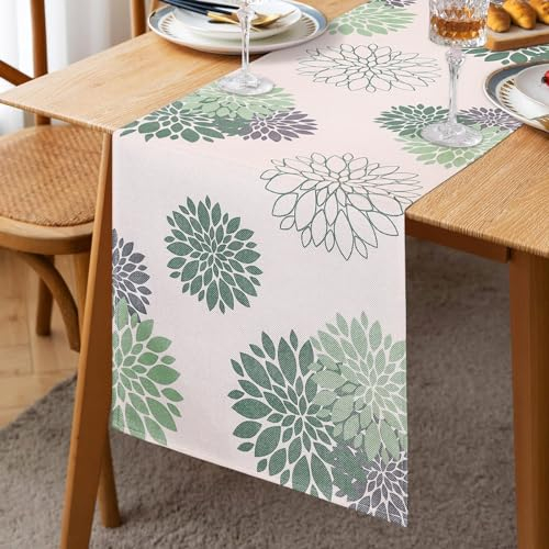 Tischläufer Grün Grau Leinen Dahlie Blume 40x140cm Tischläufer Modern Attraktiv Bauernhaus Blumentisch Mitte Dekor Frühling Sommer Tischläufer für Wohnzimmer Home Essparty Eingang Terrasse