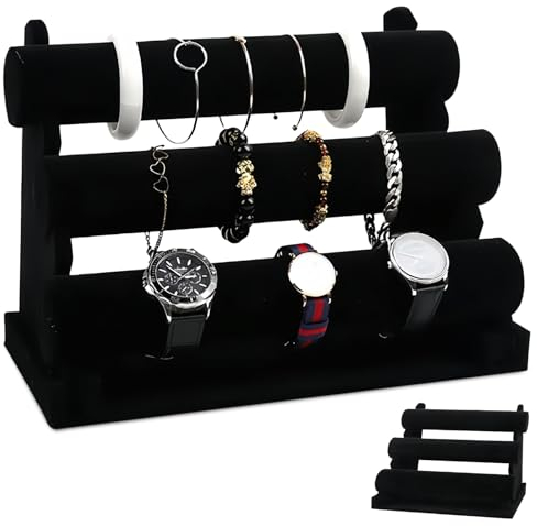 PRITOK Armbandständer Samt Schmuckständer, chmuckständer aus Samt mit Abnehmbaren 3 Etagen, abnehmbarer Schmuckständer für Uhren, Armbänder, Halsketten und Hand-Schmuck (Schwarzer)