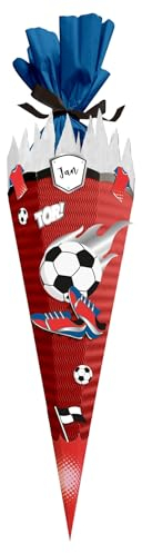 itenga Bastelschultüte Fussball - SCHULTÜTEN Bastelset FUSSBALL BLAU ROT 68cm - 3D Wellpappe - für Fussball Fans in den Farben deines Lieblingsvereins (Schultüte rot)