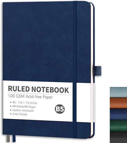 RETTACY Notizbuch Liniert B5, Leichtes Journal Tagebuch mit 96 nummerierten Seiten,100gsm Notizbücher, Innentasche, Hardcover Buch für Büro Schule Arbeit Frauen Männer, 19.3x 25.4cm - Blau