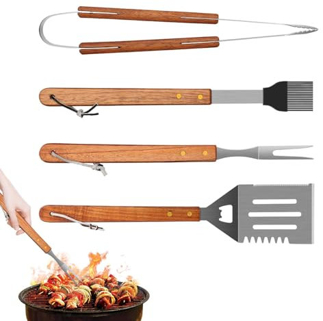 Set d'ustensiles de barbecue - Outils de barbecue suspendus avec pince, spatule, fourchette, brosse, ustensiles de barbecue en acier inoxydable, accessoires de barbecue pour hommes et femmes