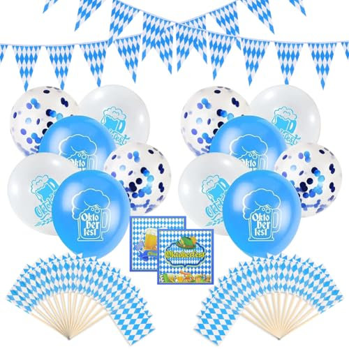 Qiciqinoone Oktoberfest Deko Set, 78 Stück Blauen Deko Babyparty Deko mit Servietten Banner Wimpelkette Blau Weiß Bedruckte Luftballons Kuchendekoration für Kinder Geburtstagsdeko Bierfest Party Deko