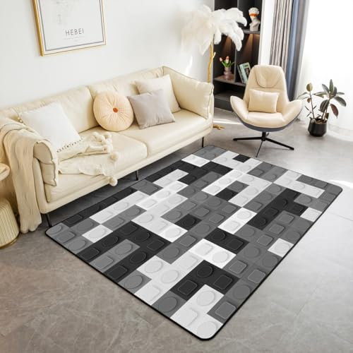 Feelyou Bausteine, Wohnzimmerteppich, 12,7 x 17,8 cm, Kinderspielzeug, Akzent-Teppich für Jungen, Teenager, Spielzeug, Ziegelstein, Bodenmatte, schwarz, grau, weiß, dekorativer Teppich