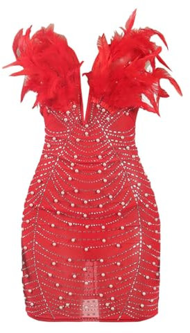 Generisch Club Wear Federkleid Frauen Sexy durchsichtige Strass Minikleider Event Party Homecoming Hochzeit Outfit Damen (Red, L)