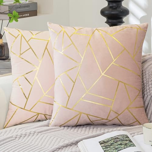 ViaElayu Kissenbezug 45 x 45 Rosa Sofakissen mit goldenem geometrischem Deko Kissen Samt kissenbezüge Moderne Kissen Quadratische Kissen bezüge Dekoration 2er Set Schlafzimmer