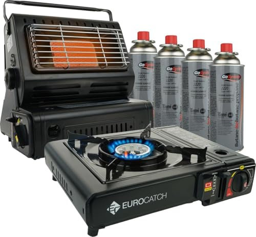 Eurocatch Poêle à gaz et poêle à gaz - Set de camping - incl. 4 cartouches de gaz - Réchaud à gaz - Poêle à gaz - Chauffage