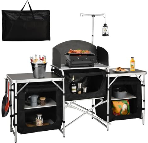 JOUYEK Cmaping KitchenTable, Aluminum Folding Camping Cook Station with Windshield, Upgrade Light Stand, Storage Bag, Quick Installation for Outdoor, Picnic, Cooking