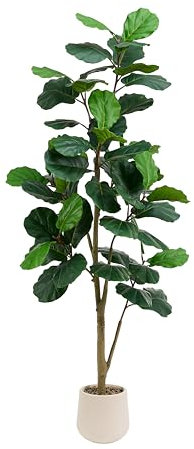 Higuera artificial de hoja de violín, ficus lyrata de imitación de 7 pies de alto en maceta blanca, árbol artificial para decoración de interiores, hoja de violín, planta falsa para decoración moderna