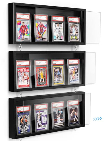 Emfogo Karten-Vitrine, 3 Stück, Sammelkarten-Display-Rahmen, Wandhalterung, Holz-Baseballkarten-Vitrine mit klarer Sicht, abgestuftes Sportkarten-Display für Sammelkartensammlung (3 Stück, schwarz)