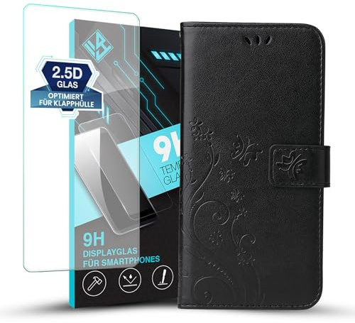 LBH Handy Hülle für Motorola Moto G14 Case mit 9H Displayglas Handytasche Schmetterling Blumen Flower Standfunktion Schutzhülle Magnet Rundum Schutz 360 Grad Flipcase Schwarz
