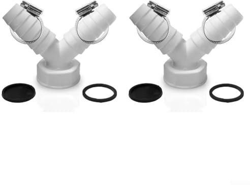 Double Y Drain Adapter Pipe Connector DN25 1 Inch Outlet for Washing Machine Dishwasher Dual Connection Plumbing Fitting with Clamps Seals 19-24mm Inlet White PVC Waste Water Hose Adapter