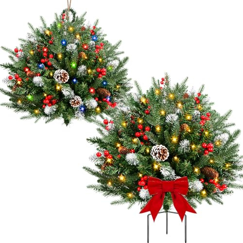 2 Pack 30 Inch Pre-lit Christmas Tree Urn Filler with 50 Bicolor LED Lights | Outdoor Hanging Christmas Decorations,Timer,Battery Operated,Holiday Porch Decorations For Pathway, Yard, Garden, Flower Beds